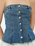 Straplez Düğmeli Denim Üst