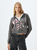 Crop Sweatshirt Fermuarlı Kapüşonlu Baskılı Cep Detaylı Şardonlu