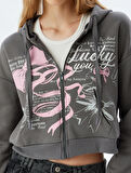 Crop Sweatshirt Fermuarlı Kapüşonlu Baskılı Cep Detaylı Şardonlu