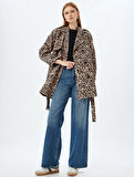 Kruvaze Kemerli Leopar Desenli Trençkot