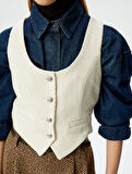 Crop U Yaka Düğmeli Kolsuz Slim Fit Yelek