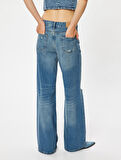 Geniş Paça Kot Pantolon Yıpratılmış Normal Bel Cepli Pamuklu - Wide Leg Jeans