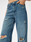 Geniş Paça Kot Pantolon Yıpratılmış Normal Bel Cepli Pamuklu - Wide Leg Jeans