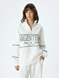 Oversize Sweatshirt Yarım Fermuarlı Dik Yaka Baskılı Üç İplik Şardonlu