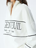 Oversize Sweatshirt Yarım Fermuarlı Dik Yaka Baskılı Üç İplik Şardonlu