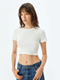 Basic Crop Fitilli Tişört Kısa Kollu Bisiklet Yaka Pamuklu