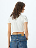Basic Crop Fitilli Tişört Kısa Kollu Bisiklet Yaka Pamuklu
