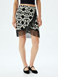 Püsküllü Kruvaze Etek Mini Boy Etnik Desenli Viskon