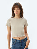 Crop Fitilli Tişört Kısa Kollu Bisiklet Yaka Pamuklu