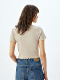Crop Fitilli Tişört Kısa Kollu Bisiklet Yaka Pamuklu
