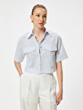 Keten Karışımlı Crop Gömlek Kısa Kollu Kapaklı Cep Detaylı 