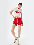 Crop Tişört Arkası Baskılı Kolej Temalı Kısa Kollu Biyeli Slim Fit