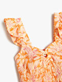Keten Crop Bluz Kolsuz Çiçekli Gipe Detaylı