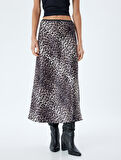 Saten Leopar Etek Midi Boy A Kesim Standart Bel