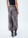 Saten Leopar Etek Midi Boy A Kesim Standart Bel