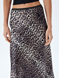 Saten Leopar Etek Midi Boy A Kesim Standart Bel