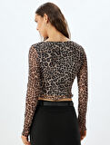 Leopar Desenli Tül Crop Tişört Fiyonklu Uzun Kollu Kare Yaka Slim Fit