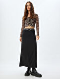 Leopar Desenli Tül Crop Tişört Fiyonklu Uzun Kollu Kare Yaka Slim Fit