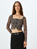 Leopar Desenli Tül Crop Tişört Fiyonklu Uzun Kollu Kare Yaka Slim Fit