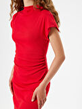Mini Slip Elbise Kısa Kollu Kayık Yaka Drapeli
