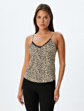 Leoparlı Askılı Pijama Üstü V Yaka Dantel Detaylı