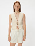 Önden Bağlama Detaylı Yelek Crop V Yaka