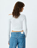 Asimetrik Omzu Açık Crop Tişört Uzun Kollu Slim Fit Pamuklu