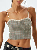 Kalp Yaka Dantel Detaylı Askılı  Ekose Crop Büstiyer