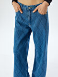Geniş Paça Kot Pantolon Standart Bel Taşlı Düğmeli Cepli - Wide Leg Jean