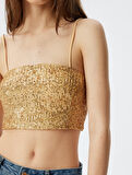 Crop Bluz Pullu Payetli İp Askılı Kare Yaka Slim Fit