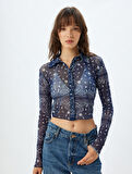 Yarı Transparan Tül Crop Gömlek Floral Desenli Uzun Kollu