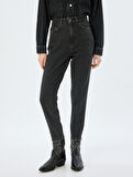 Mom Fit Kot Pantolon Standart Bel Kısa Paça Düğmeli Cepli Pamuklu - Mom Fit Jeans