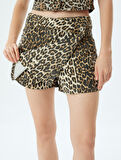 Mini Leopar Desenli Düğmeli Asimetrik Şort Etek