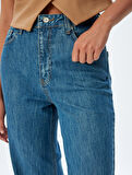 Düz Uzun Paça Kot Pantolon Standart Bel Düğmeli Pamuklu - Longer Straight Fit Jean