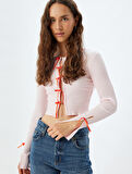 Fiyonklu Crop Hırka Fitilli Slim Fit Uzun Kollu Yuvarlak Yaka Pamuklu