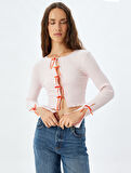 Fiyonklu Crop Hırka Fitilli Slim Fit Uzun Kollu Yuvarlak Yaka Pamuklu