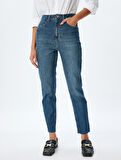 Mom Fit Kot Pantolon Yüksek Bel Dar Kalıp Düğmeli Cepli Pamuklu - Mom Fit Jeans