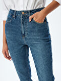 Mom Fit Kot Pantolon Yüksek Bel Dar Kalıp Düğmeli Cepli Pamuklu - Mom Fit Jeans