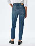 Mom Fit Kot Pantolon Yüksek Bel Dar Kalıp Düğmeli Cepli Pamuklu - Mom Fit Jeans