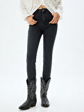 Yüksek Bel Kot Pantolon Düğmeli Dar Kalıp - Skinny Fit Jean