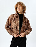 Leopar Ceket Fermuarlı Klasik Yaka Cep Detaylı 