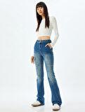 İspanyol Paça Kot Pantolon Slim Fit Kargo Cepli Düğmeli Pamuklu - Flare Jeans