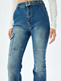 İspanyol Paça Kot Pantolon Slim Fit Kargo Cepli Düğmeli Pamuklu - Flare Jeans