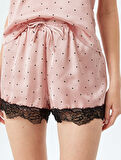 Rahat Kalıp Dantel Detaylı Puantiyeli Saten Mini Şort Pijama Altı