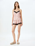 Rahat Kalıp Dantel Detaylı Puantiyeli Saten Mini Şort Pijama Altı