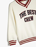 Sweatshirt İşleme Detaylı Uzun Kollu V Yaka Şardonlu 