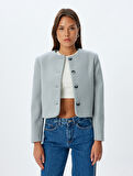 Crop Ceket Yakasız Düğmeli Slim Fit Uzun Kollu 