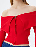 Crop Tişört Uzun Kollu Fermuarlı Fitilli Omzu Açık Slim Fit