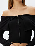 Crop Tişört Uzun Kollu Fermuarlı Fitilli Omzu Açık Slim Fit