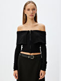 Crop Tişört Uzun Kollu Fermuarlı Fitilli Omzu Açık Slim Fit